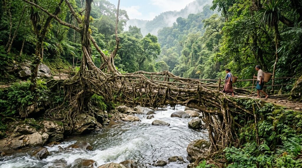 A living bridge made from tree roots near Cherrapunji