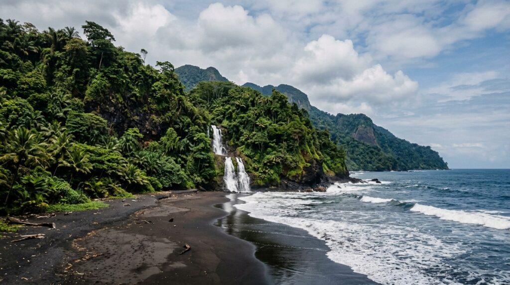Black volcanic beach on Bioko Island surrounded by tropical forest