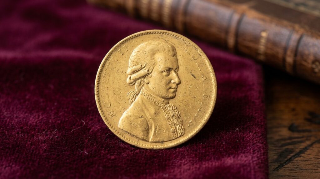 A gold coin with Mozart's portrait — similar ones were minted in Austria until 1938. Photo.