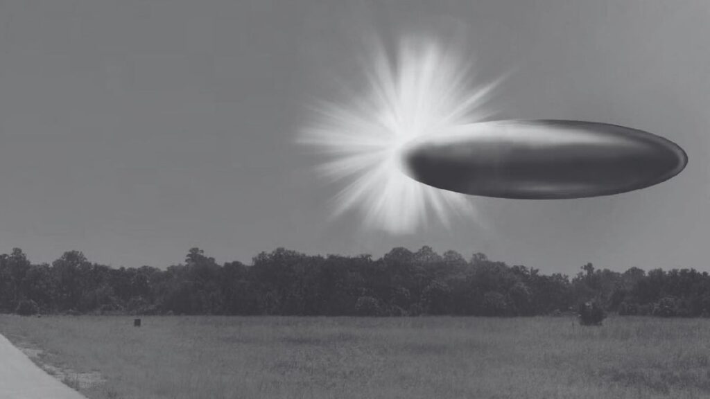 A composite drawing from the FBI laboratory depicting a bronze ellipsoidal object that reportedly appeared from a bright light source in September 2023 and instantly vanished. Photo.