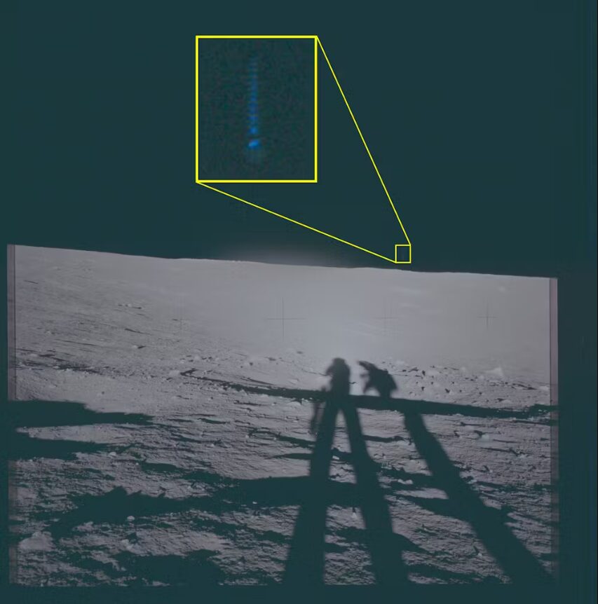 A photograph taken during the Apollo 12 lunar mission showing an unidentified light source in the sky. Enlarged image. Photo.