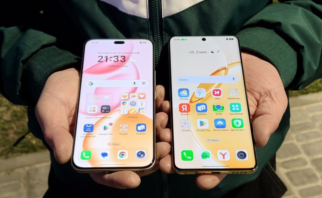The realme 16 Pro+ screen (right) is larger and more curved at the edges