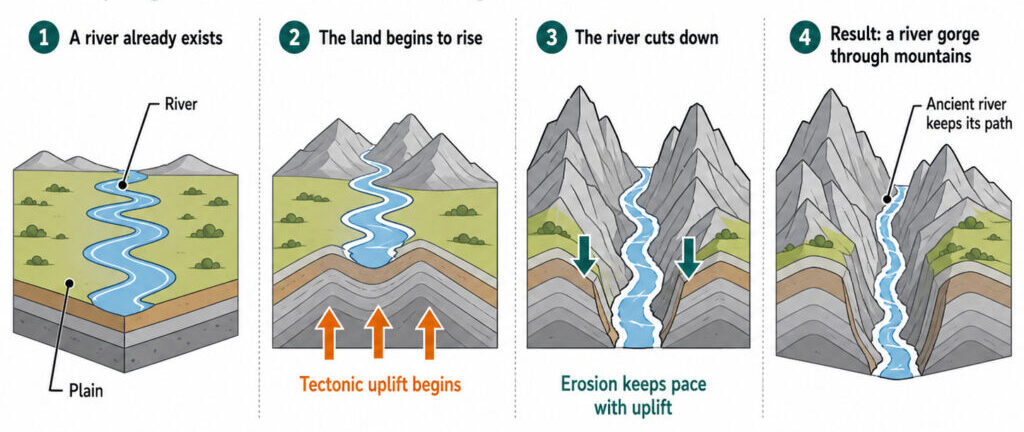 How an ancient river cuts through mountains. Photo.