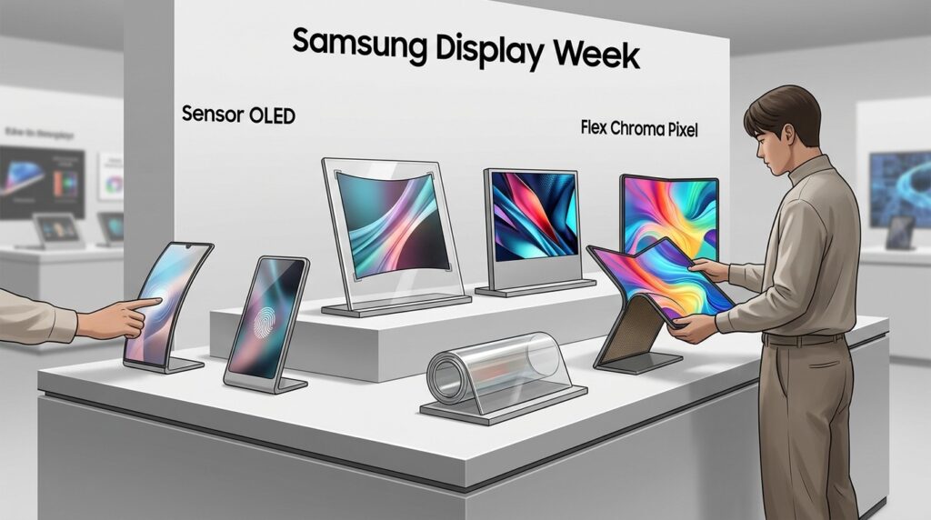 Samsung SID Display Week 2026 booth showing multiple display technology prototypes including Sensor OLED and Flex Chroma Pixel panels