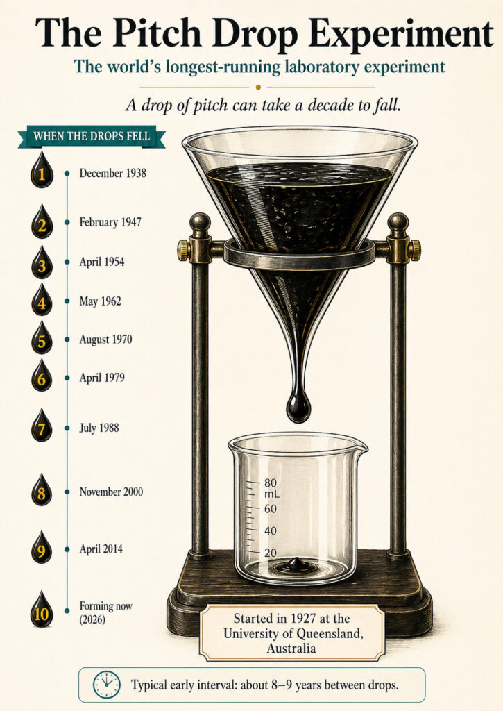 The key factor in this experiment is viscosity — a measure of a liquid's resistance to flow. Water flows easily, honey resists, and pitch resists so strongly that it can take over ten years for a single drop to separate. Photo.