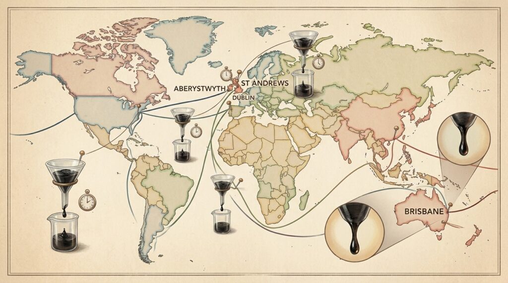 Pitch drop experiments are conducted at several universities around the world