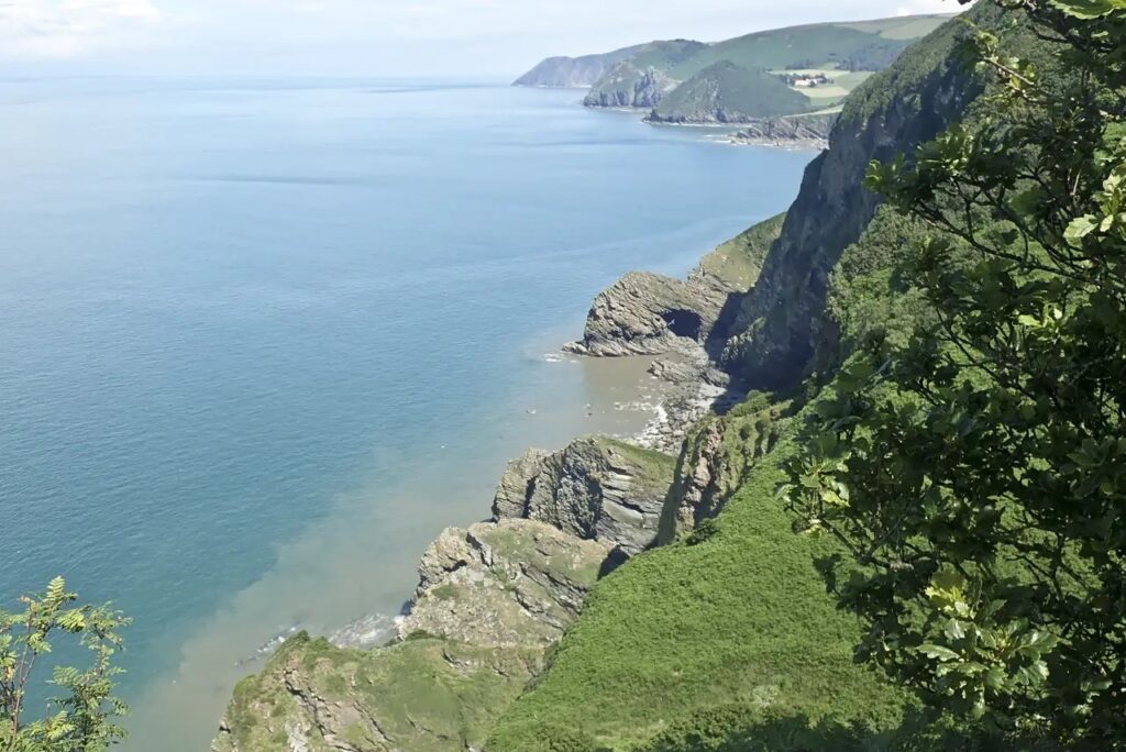 Tall sandstone cliffs on the coast of Devon and Somerset in southwest England, where the oldest known fossilized forest on Earth, aged 390 million years, was discovered. Photo.
