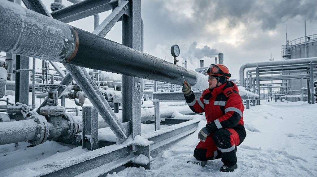 SLIPS coating on a pipeline prevents ice formation even in extreme frost