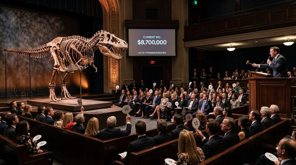 Sotheby's auction hall during bidding for a dinosaur skeleton