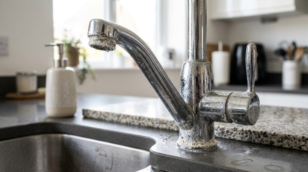 You don't need a lot of time or money to clean limescale off a faucet. Photo.