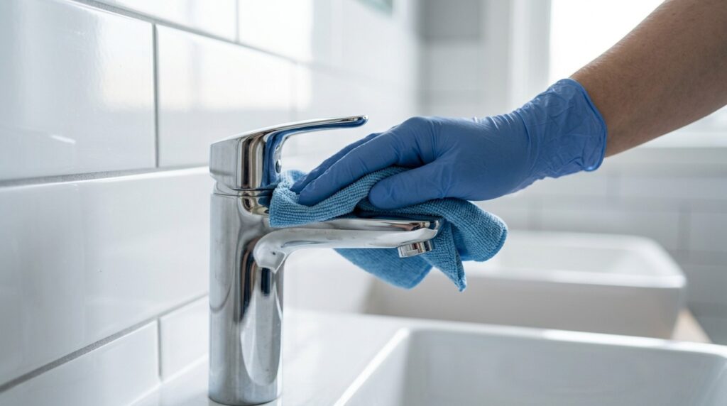 Soft microfiber is the main tool for faucet care