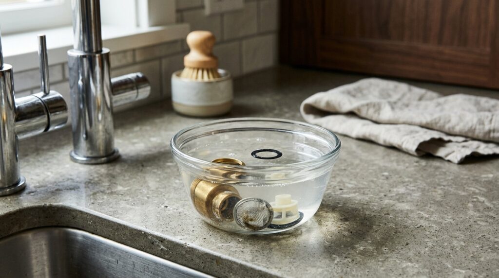 Aerator parts are soaked in vinegar for 5–30 minutes