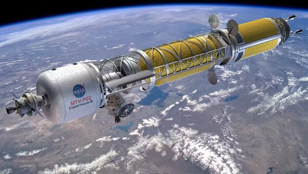 NASA is working on creating a nuclear propulsion system. Here is what a rocket with a nuclear power plant might look like. Photo.