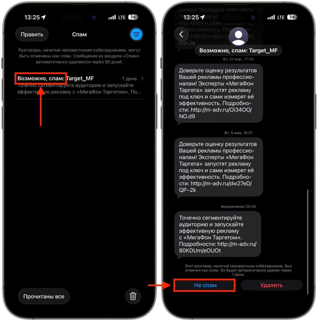 How to recover a message from spam on iPhone. If you're sure it's not spam, you can move the conversation out of this folder. Photo.