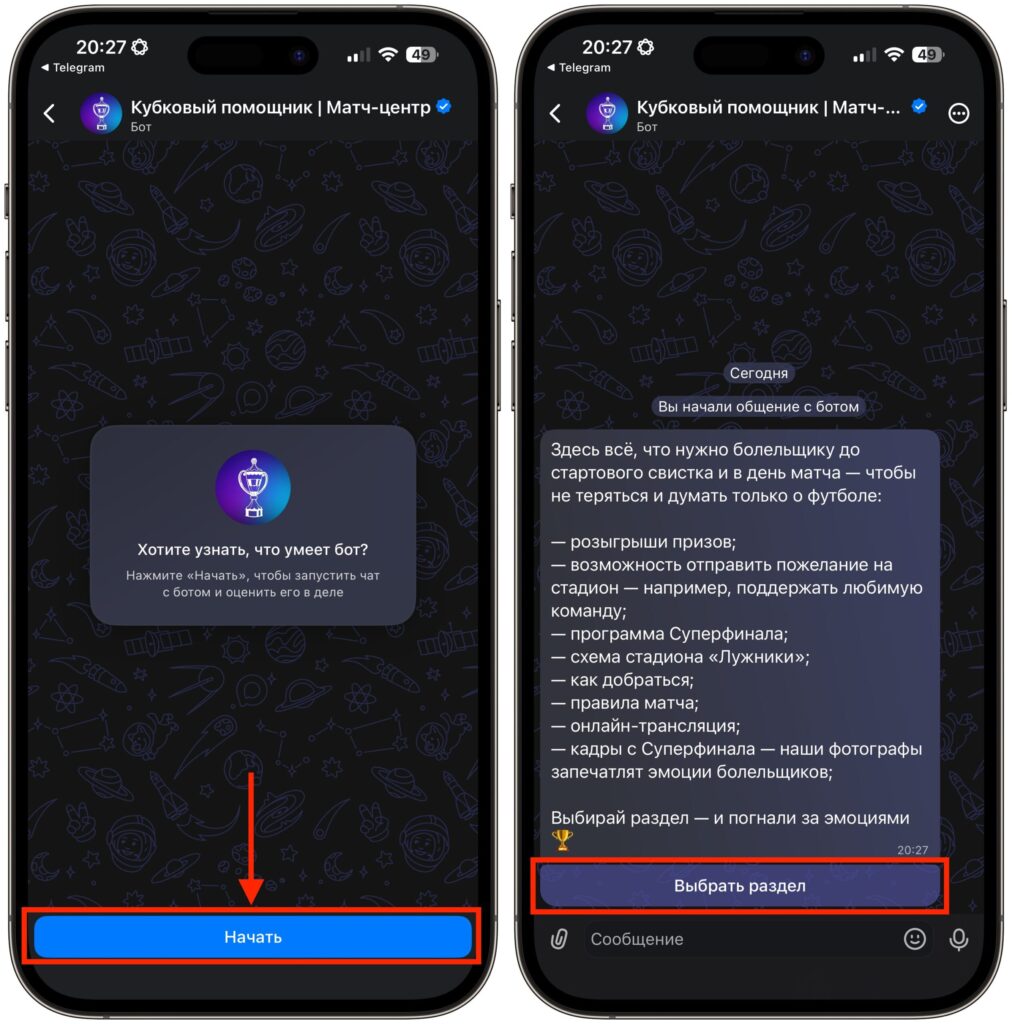 What the RFU Bot in MAX Can Do for the Russian Cup Super Final. The bot immediately offers all available features. Photo.