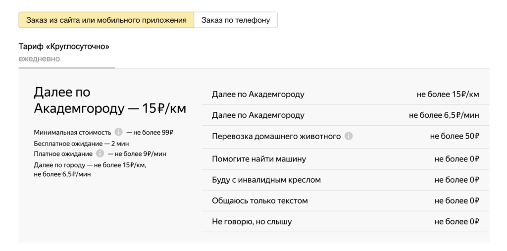 Yandex Taxi price by phone. This is the price for ordering through the app. Photo.