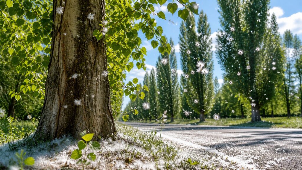 Surprisingly, poplar fluff is not an allergen. Photo.