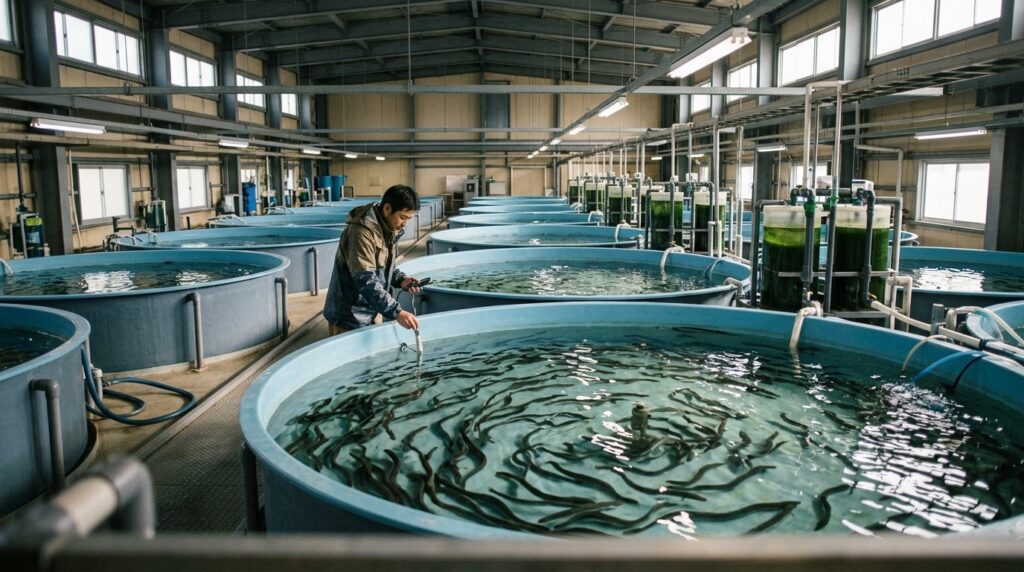 An eel farm in Japan
