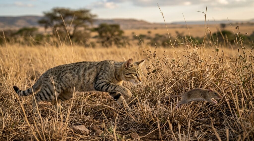 The African wildcat — ancestor of domestic cats — hunted small prey many times a day