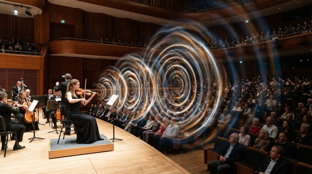 Visualization of sound propagation from a violin in a concert hall. Photo.