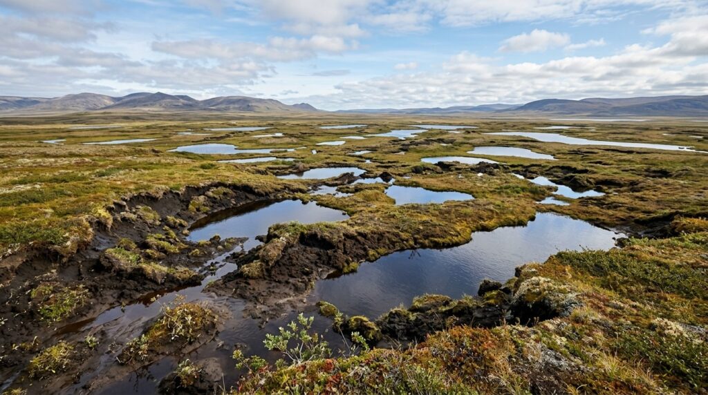 Arctic tundra: as permafrost thaws, lakes form on the surface and ancient organic matter is exposed