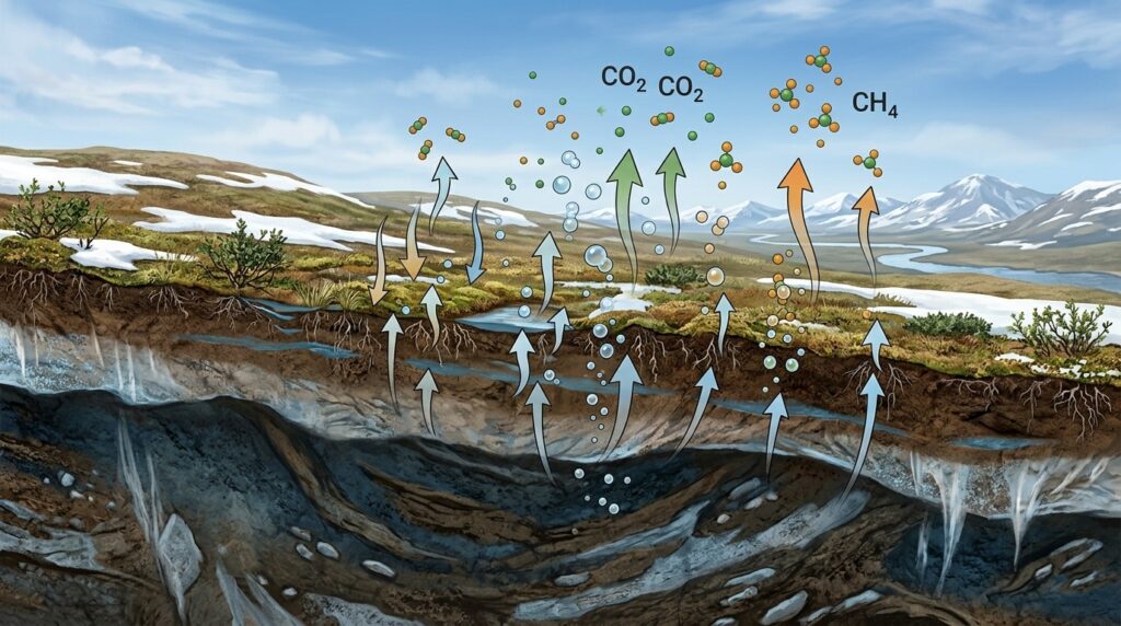 Diagram: when permafrost thaws, microbes decompose ancient organic matter and release CO₂ and methane