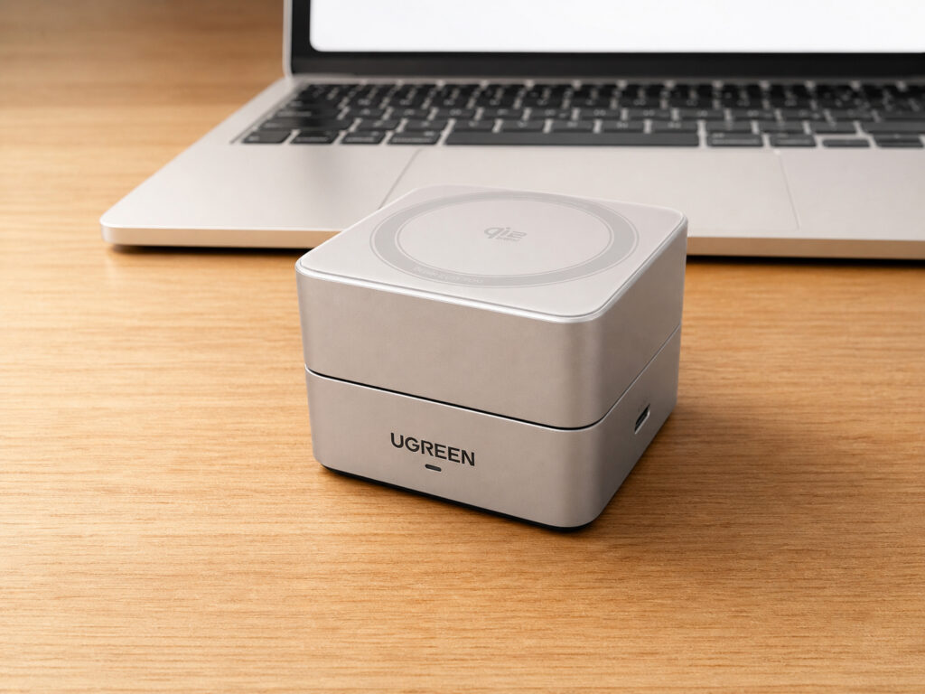 Wireless charger for iPhone: what this station can do. When folded, it's really small. Photo.