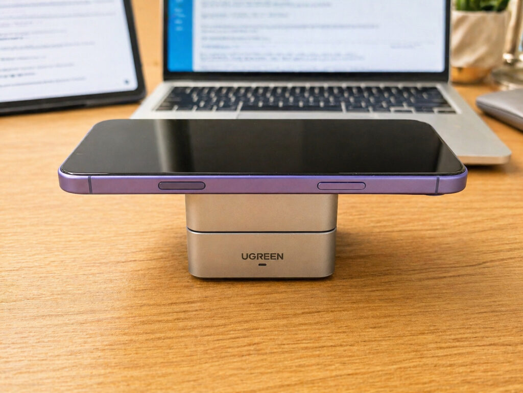 Foldable charger for iPhone: how the stand works. You can charge the iPhone in folded mode. Photo.
