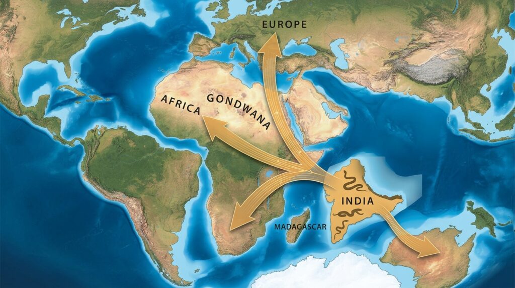 Presumed dispersal routes of madtsoiids from India to Africa and Europe