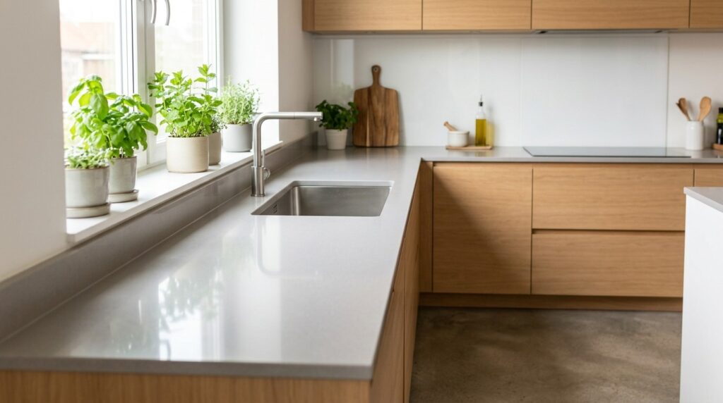 A clean kitchen: the countertop and sink are the final steps in cleaning this zone