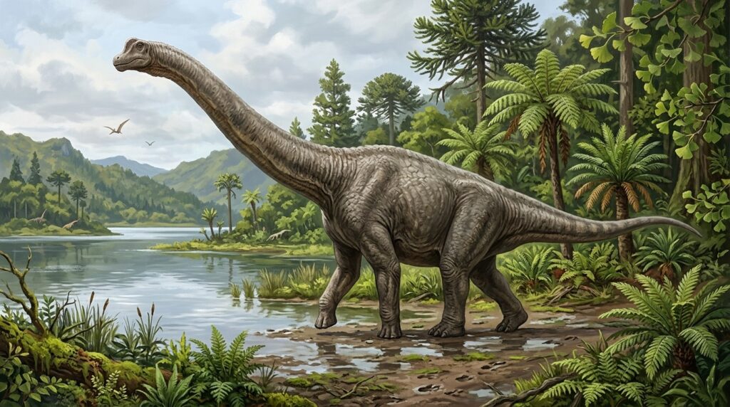 A giant sauropod on the shore of a Jurassic lake