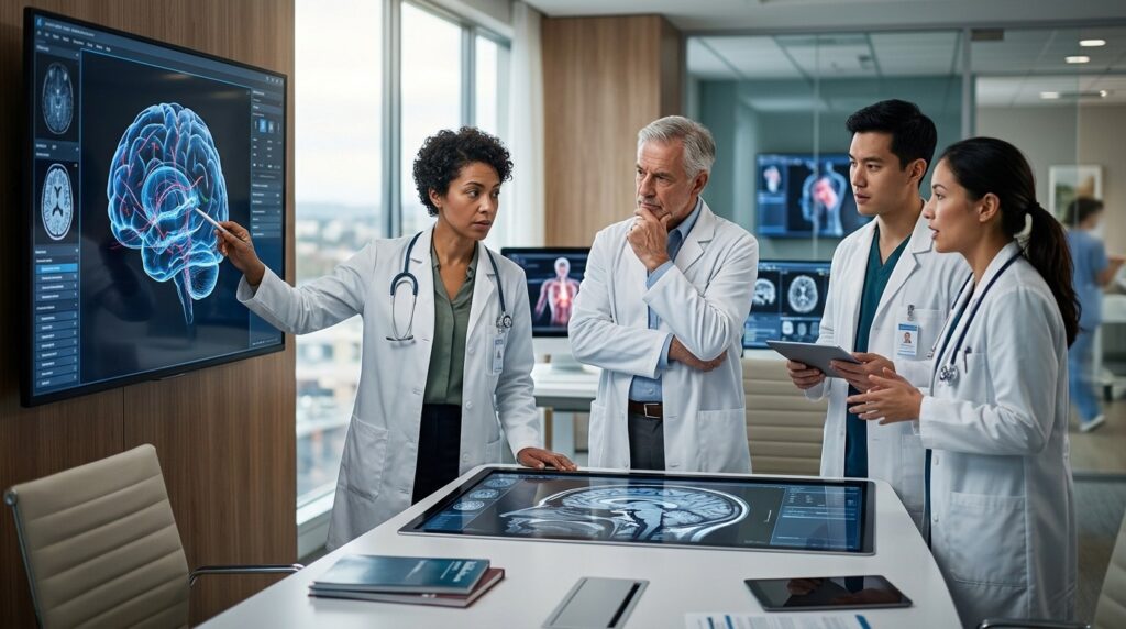 Doctors discussing brain condition data at a medical conference