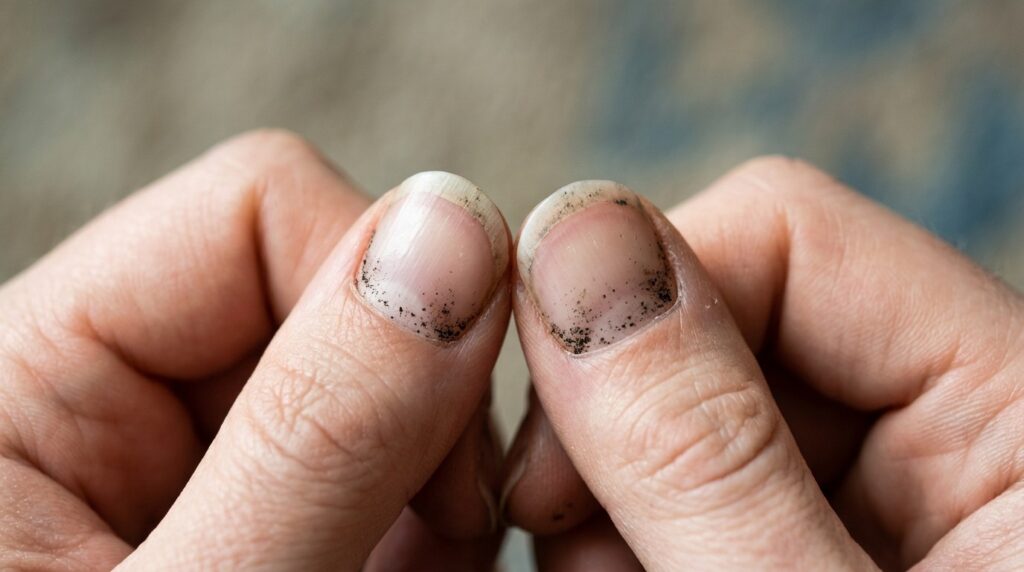 Dirt and bacteria accumulate under the nails, which go straight into the mouth when biting