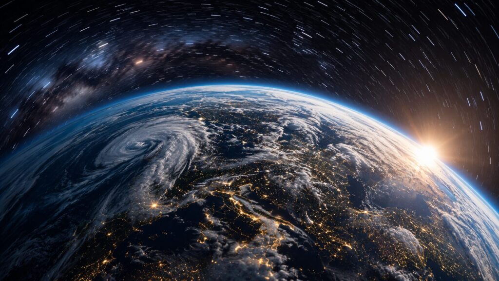 Earth completes one rotation on its axis every 24 hours and orbits the Sun at about 110,000 km/h, yet we don't feel it. Photo.