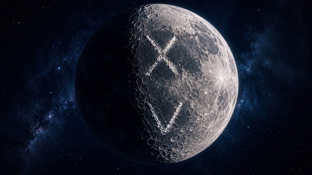 X and V symbols appeared on the Moon. Photo.