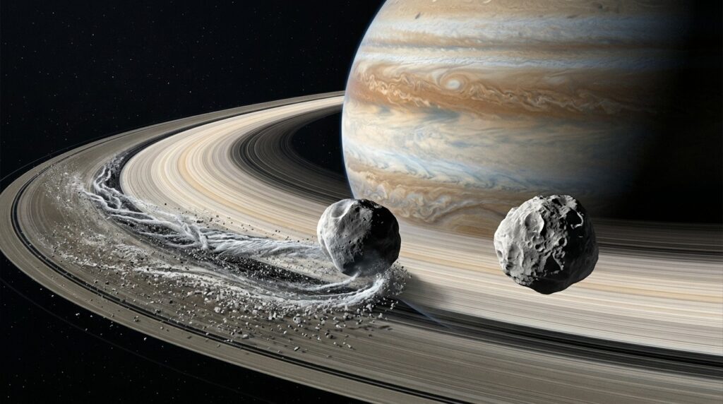 Saturn's mystery: two moons swap places every four years