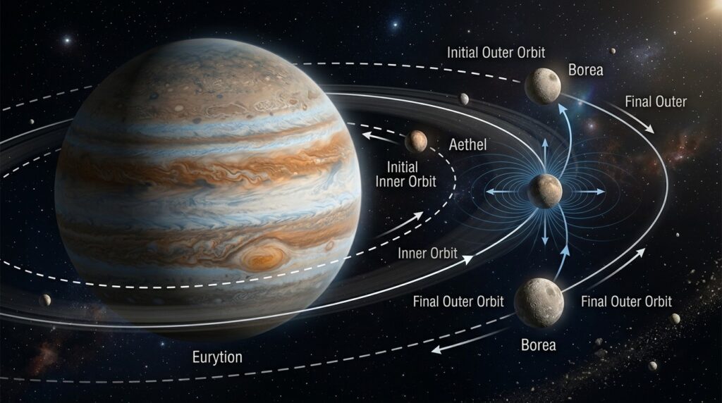 Diagram of the orbital swap: the inner moon 'rises,' the outer one 'descends'