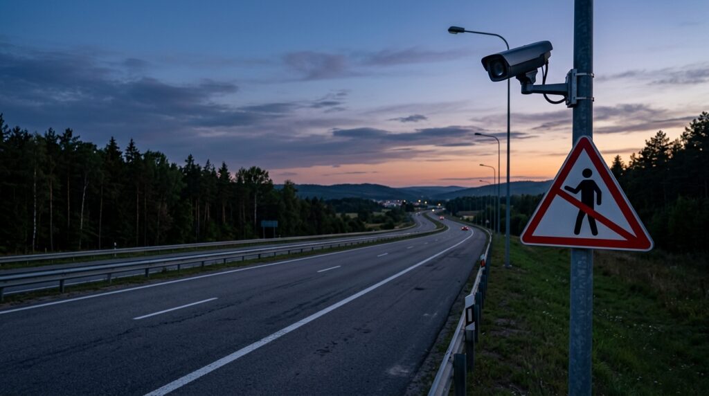 An empty highway with a surveillance camera — hitchhiking has become rare