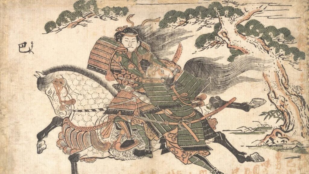 A 1750 painting depicting Tomoe Gozen, a female samurai from the 12th century, slaying an enemy. Photo.
