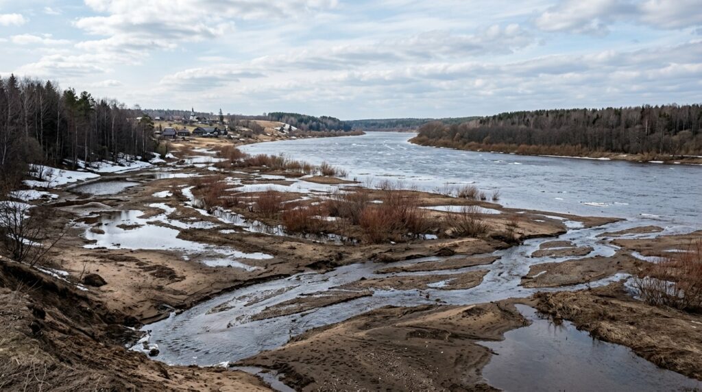 A river floodplain after flooding — a typical place where quicksand can be found in Russia