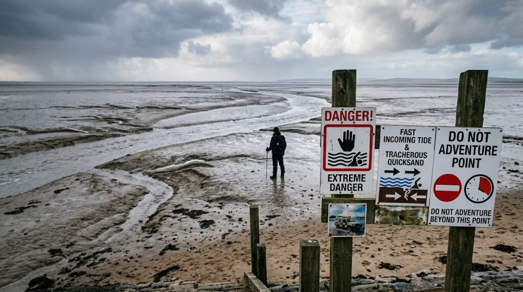 Morecambe Bay in the United Kingdom — one of the most well-known places with quicksand and fast tides