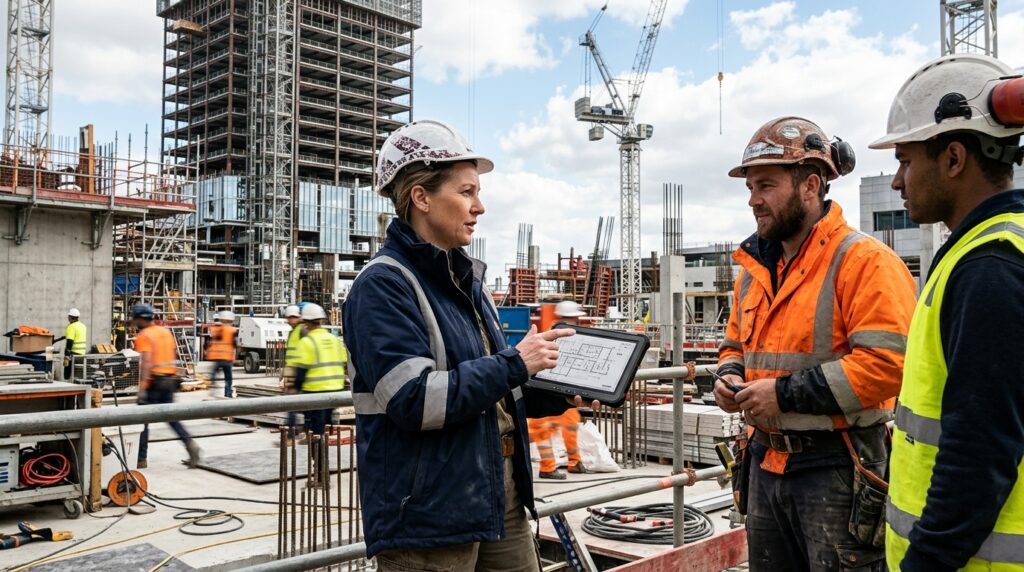 A foreman coordinates work at a construction site — a task that software cannot perform