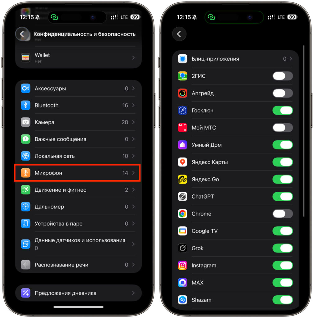 How to check which apps access your microphone. All apps that have microphone access have a green toggle. Photo.