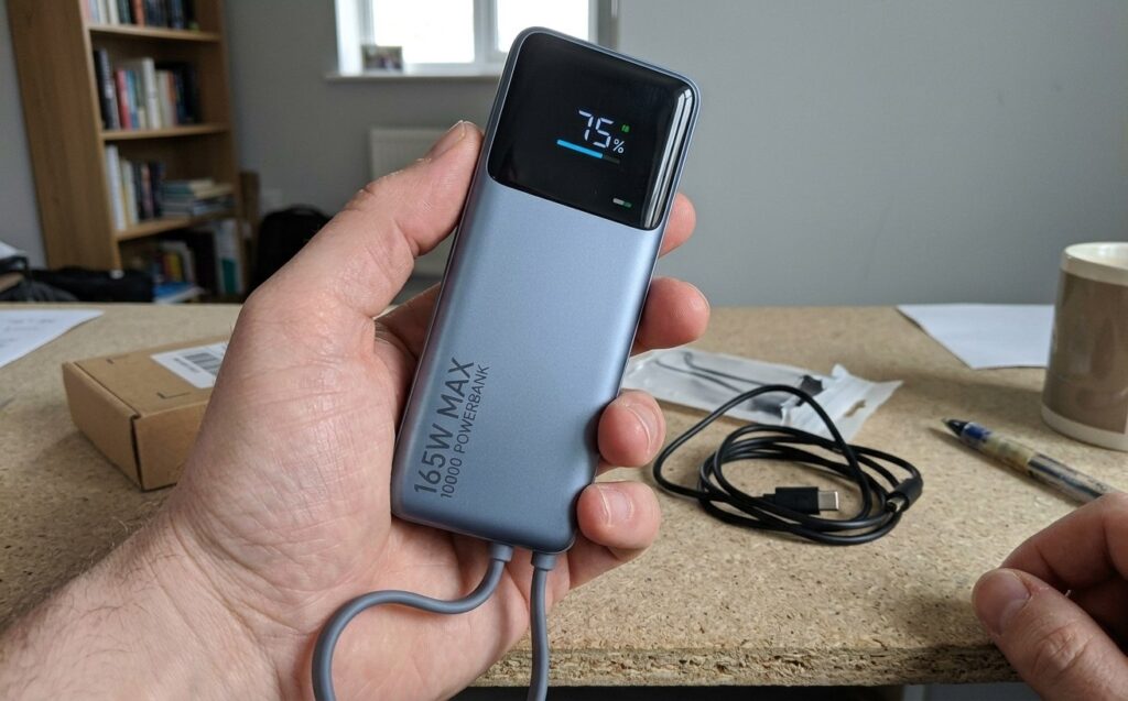 The best power bank for hikes and long road trips. The power bank even shows remaining charge. Photo.