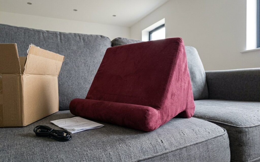 Pillow stand for tablet for reading in bed. A convenient stand for reading. Photo.