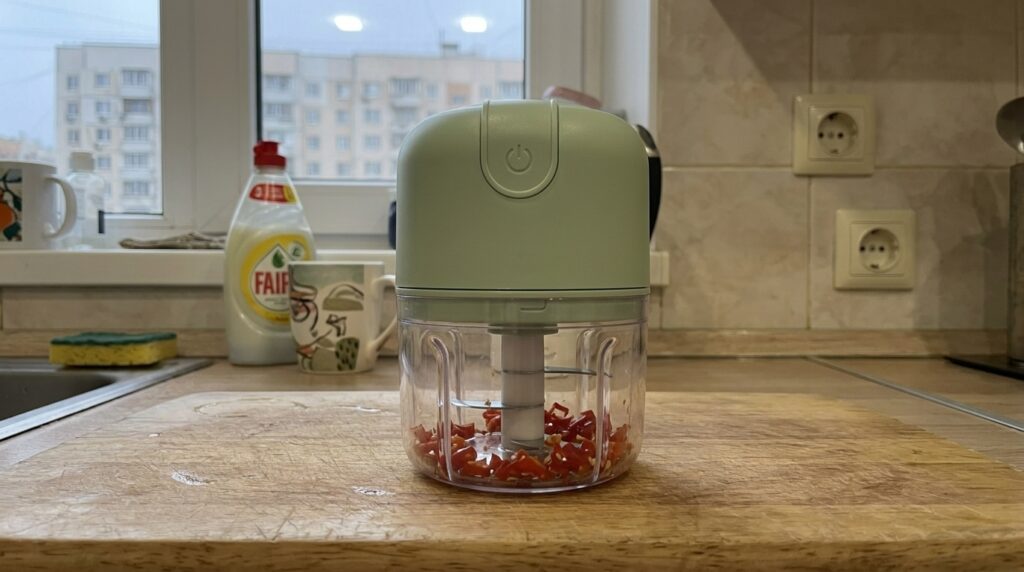 Sits on the kitchen counter by the outlet — my wife now chops garlic in three seconds. Photo.