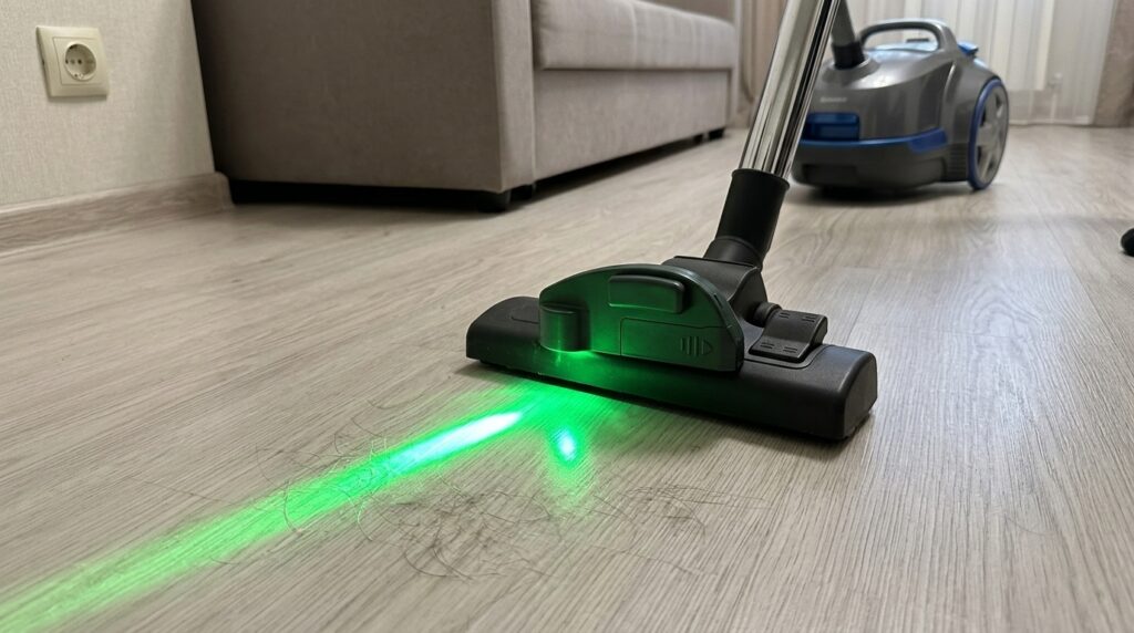 Turn on the green laser — and you realize the 'clean' floor wasn't so clean after all. Photo.