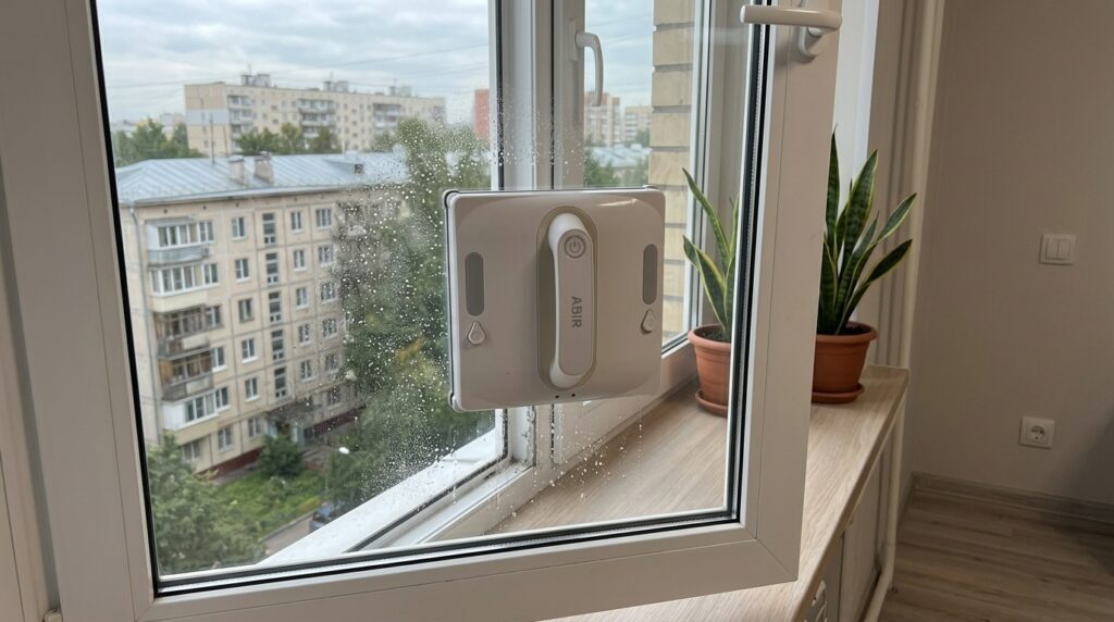 Square Window-Cleaning Robot. Stuck it to the glass, pressed a button — it does the rest while I drink coffee. Photo.
