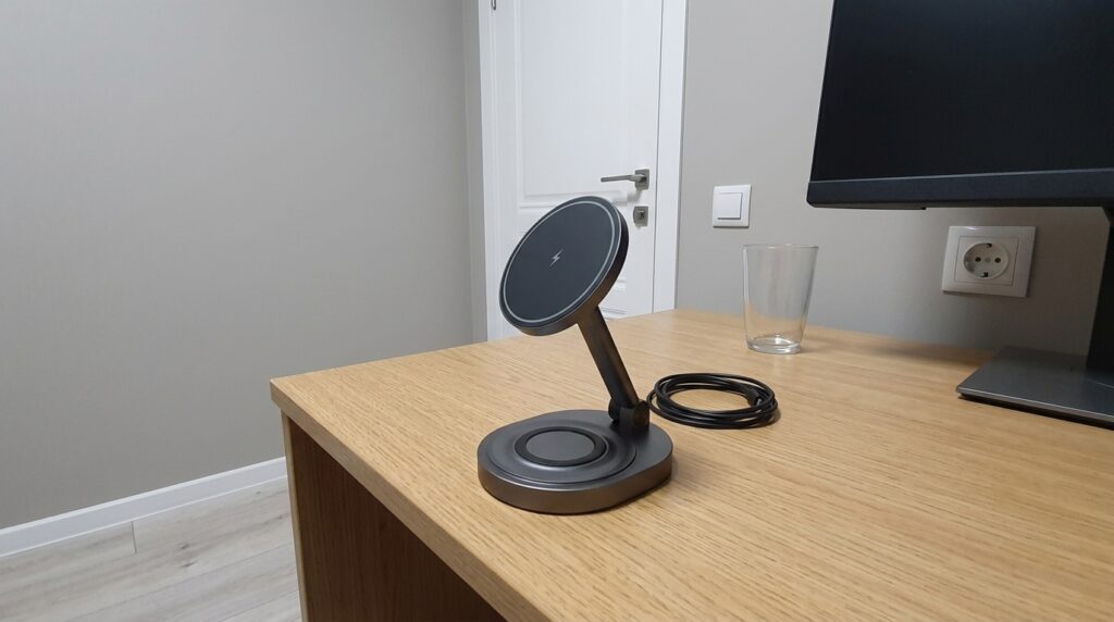 MagSafe Charger with Stand — Replaced My Alarm Clock. Sits on the nightstand — iPhone turns into a bedside clock. Photo.