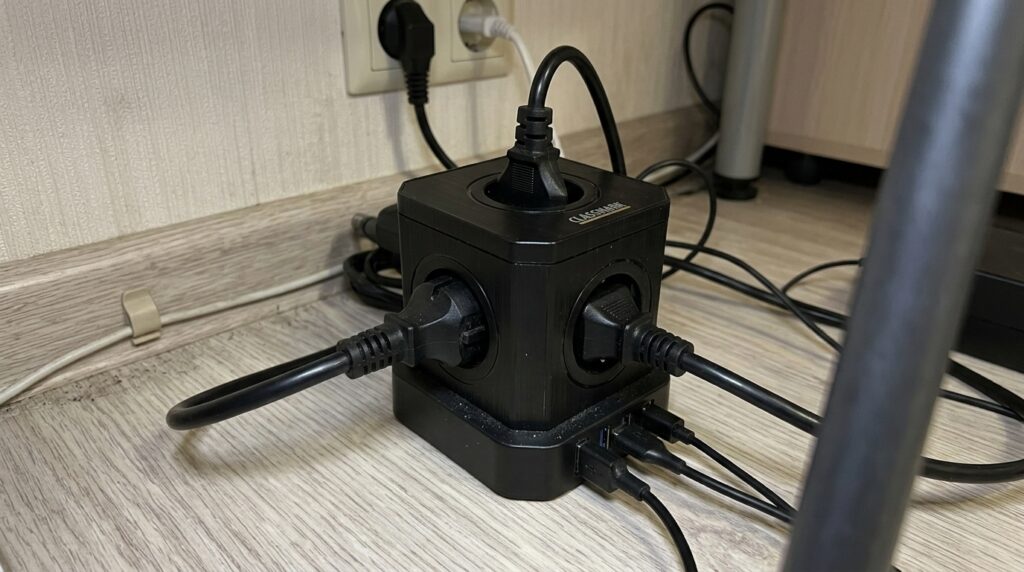 Outlets plus USB ports in one housing — minus two chargers on the desk.